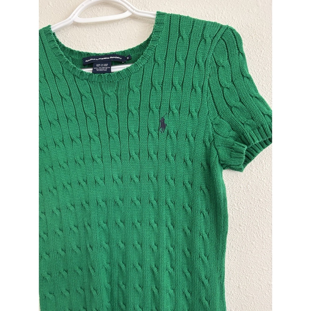Ralph Lauren Sport Cable Knit Sweater Womens Medium Green Short Sleeve Pony - Picture 4 of 9